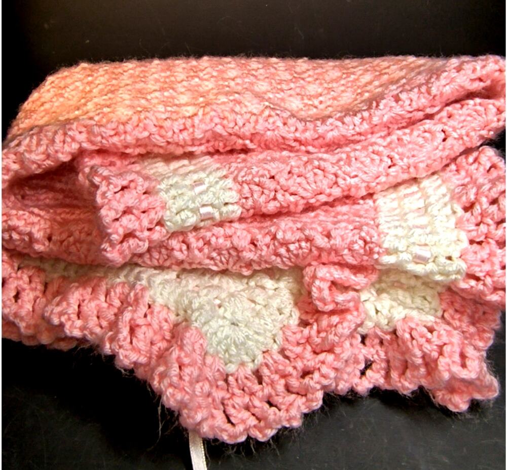 1633.  Pink and White Crochet Baby Blanket